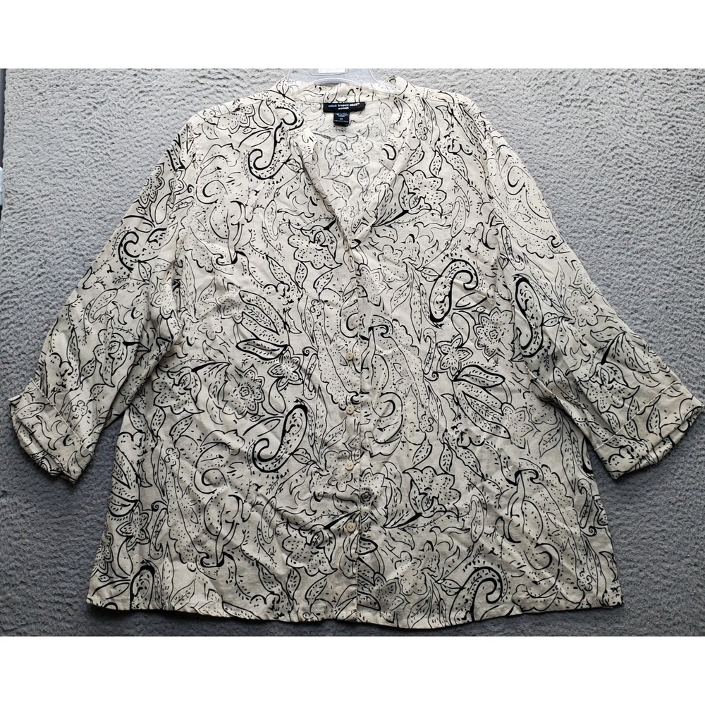 Saint Tropez Tunic Top Womens 3X Multi Paisley Print Linen V-Neck Button Front